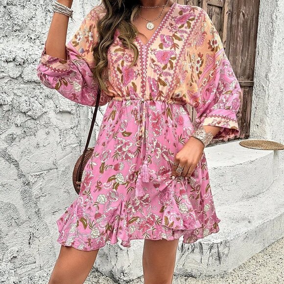Pink Boho Women's Floral Printed Drawstring Waist Dress - Picture 4 of 5